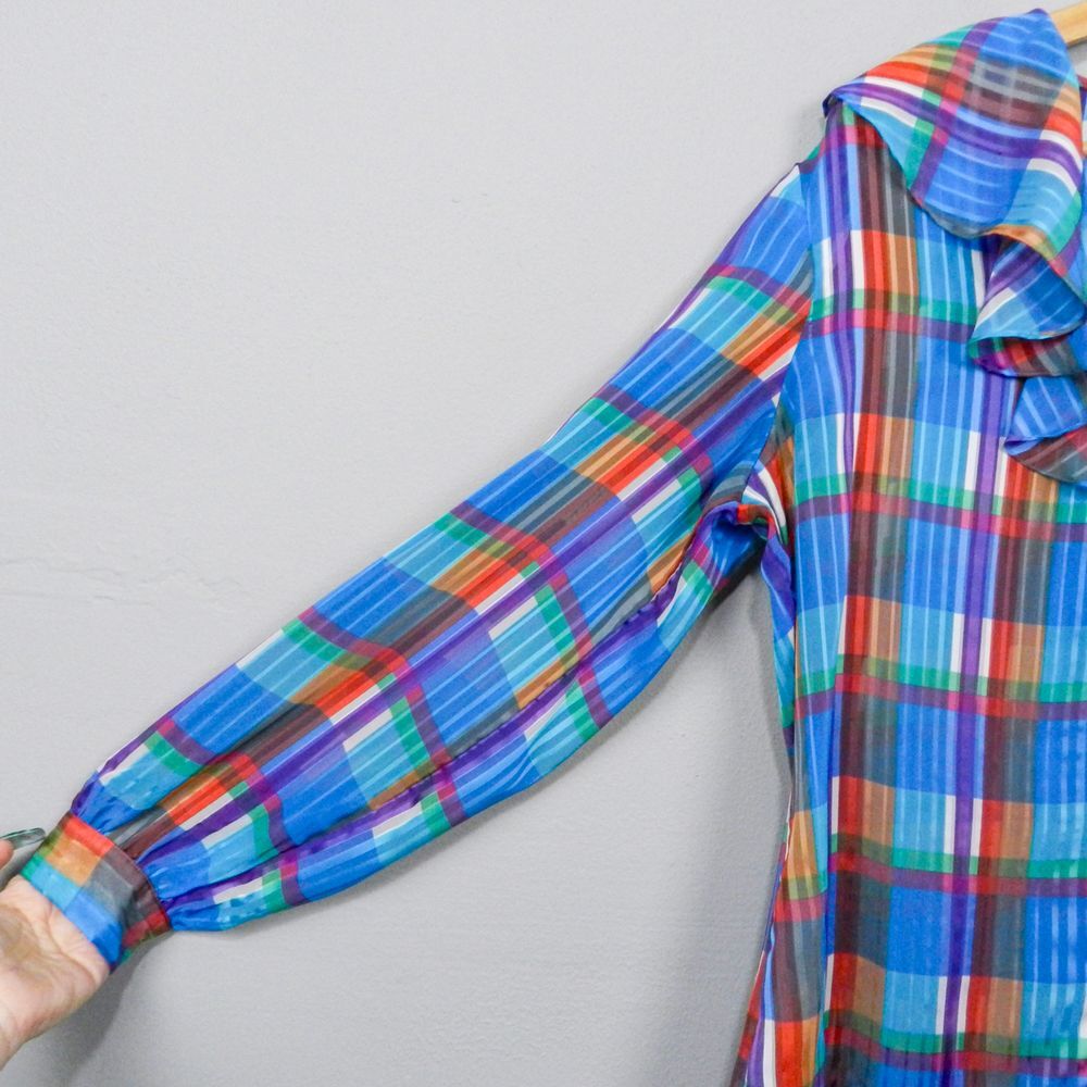 Vintage 70s Sunny‎ South Dallas Blouse Size 16 Plaid Ruffle Rainbow Disco Retro - Picture 5 of 8